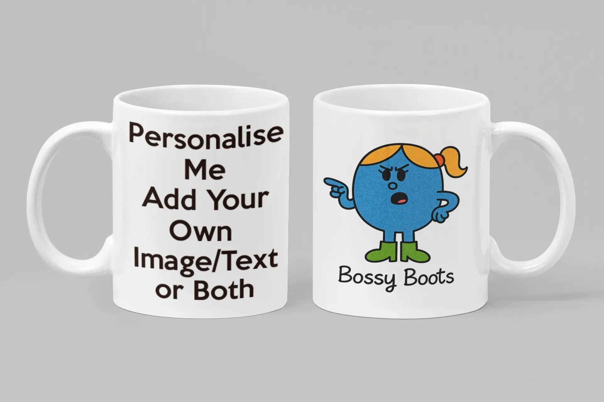 Miss Bossy Boots personalised mug featuring bold blue character with green boots and red ponytail, fun custom ceramic gift with name or text