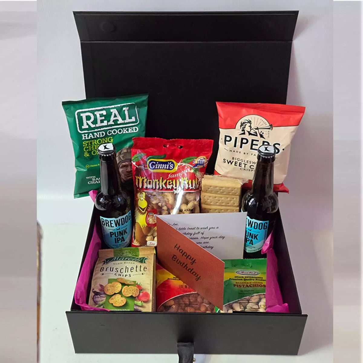 BrewDog craft beer gift hamper with assorted savoury snacks