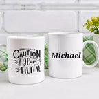 Caution I Have No Filter personalised funny ceramic mug, a humorous gift for outspoken friends, family and colleagues.