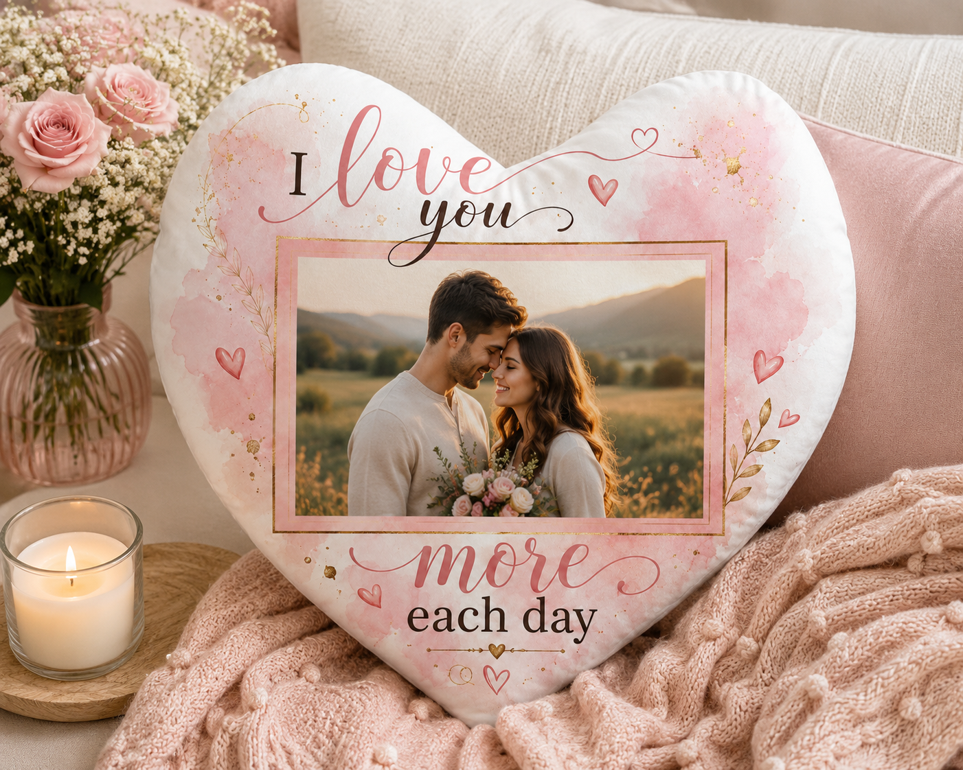 Personalise custom heart cushion with photo upload romantic quote love you more each day