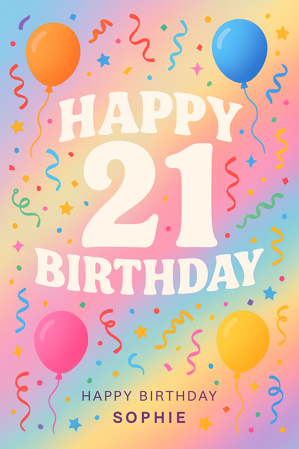 Personalised 21st Birthday Card – Rainbow Confetti Balloons Design