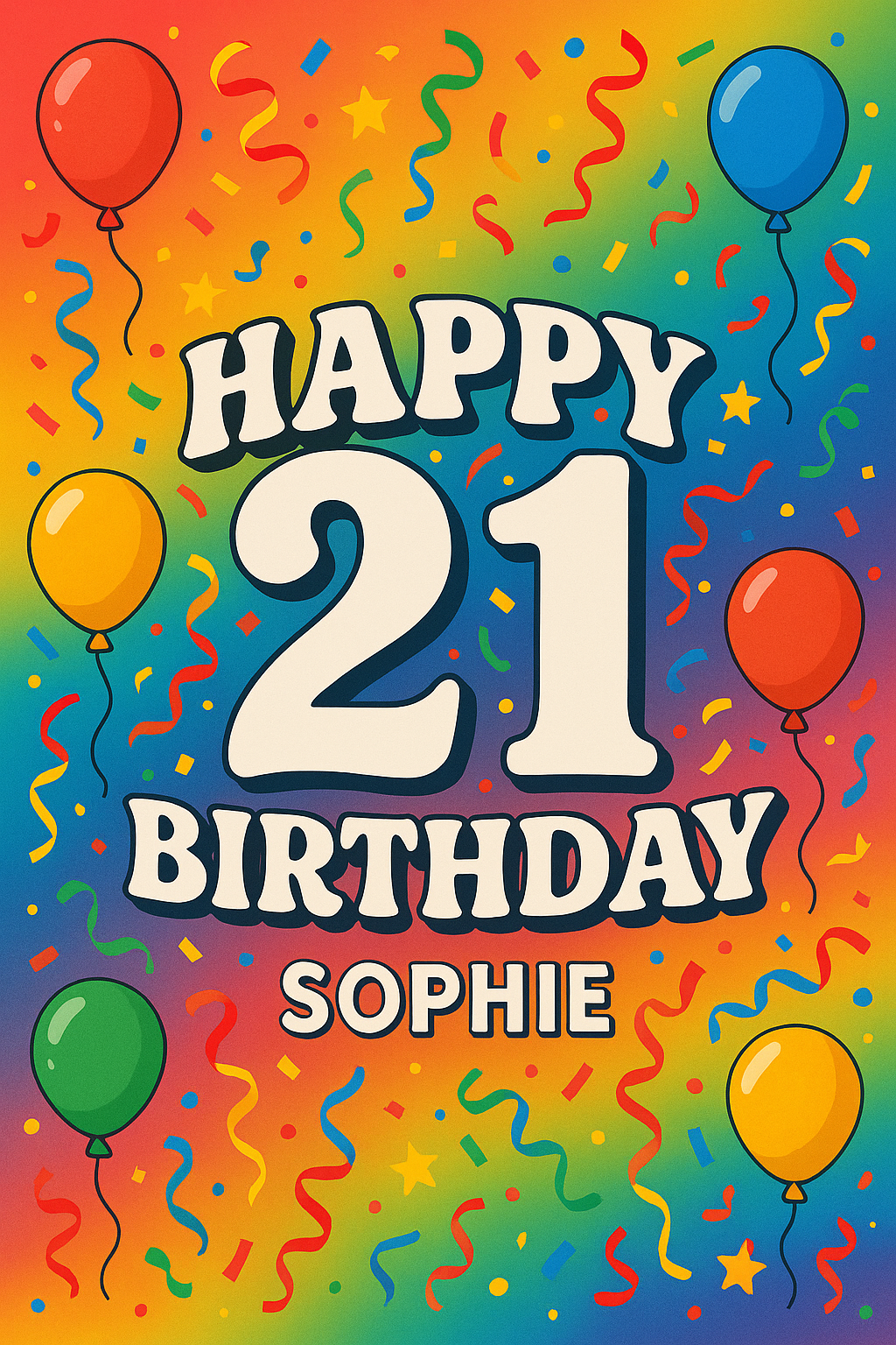Personalised 21st Birthday Card – Vibrant Rainbow Celebration