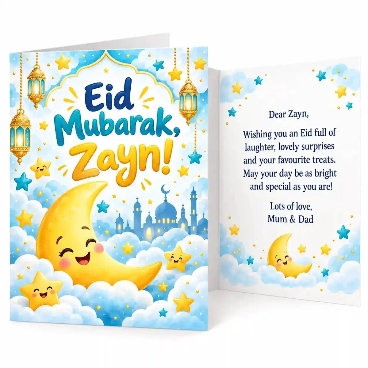 Personalised Eid Mubarak card for kids with Zayn name, smiling crescent moon, colourful stars, golden lanterns and blue clouds.