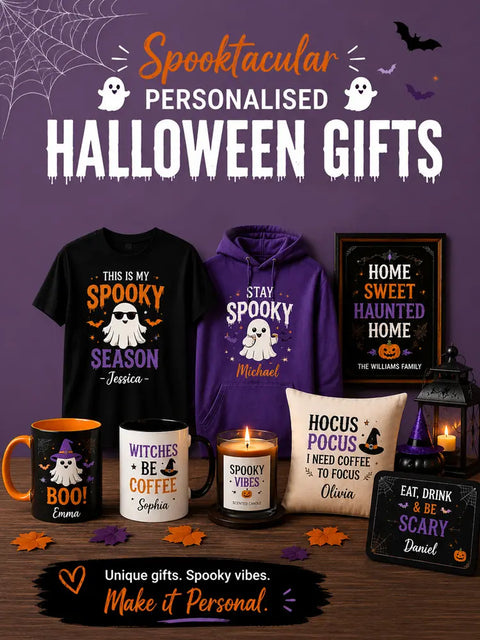 custom halloween gifts personalised mugs hoodies cushions candles spooky gift ideas for halloween decorations and gifts