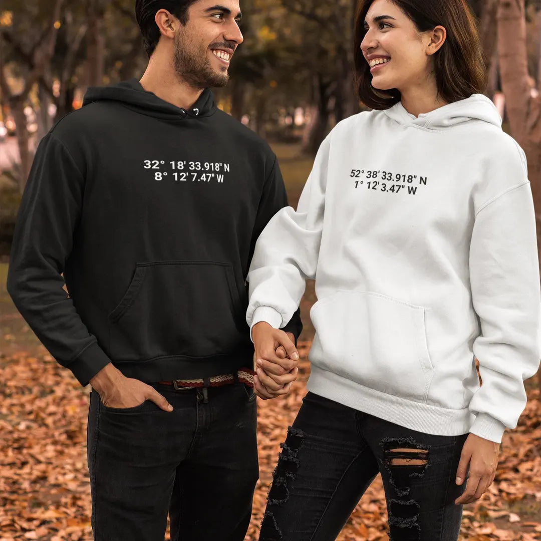 Personalised coordinates hoodie embroidered with where we met location, ideal couples’ anniversary gift