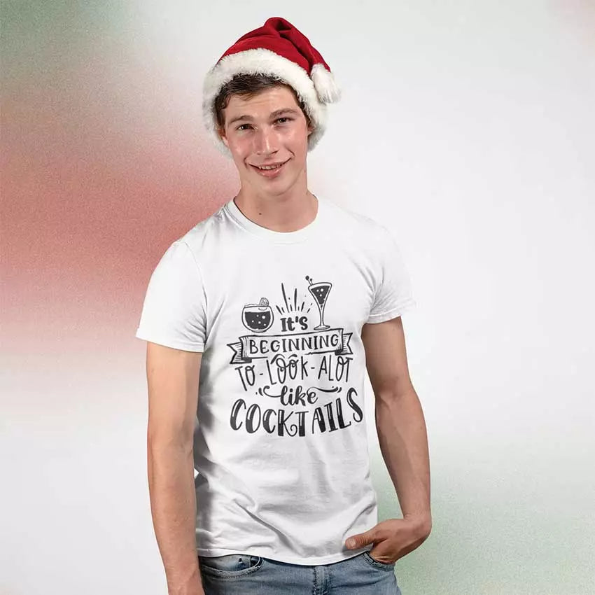 Personalised “It’s Beginning to Look a Lot Like Cocktails” Christmas t-shirt with custom name, festive party tee