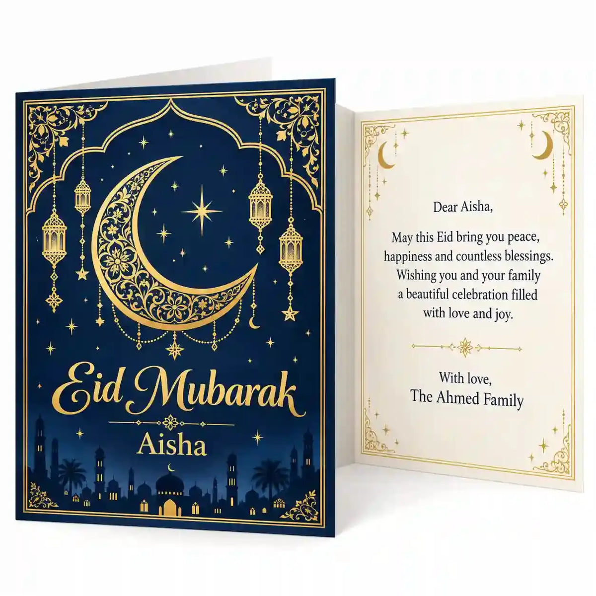 Personalised navy and gold Eid Mubarak card with Aisha name, ornate crescent moon, hanging lanterns and mosque skyline.
