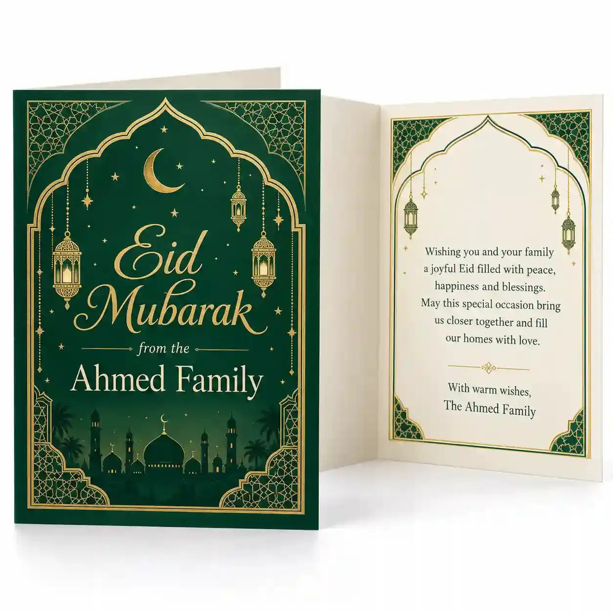Personalised Eid Mubarak family card in emerald green and gold with hanging lanterns, mosque skyline and Ahmed Family name.