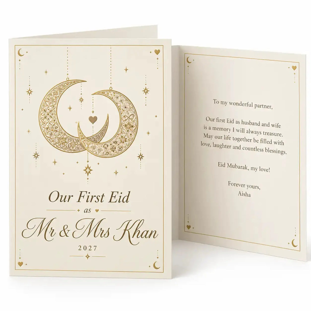 Personalised first Eid as Mr and Mrs Khan card for 2027 with intertwined gold crescent moons, stars and elegant cream design.