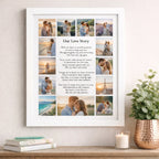 Framed photo collage titled 'Our Love Story' on a wall with decor items below.