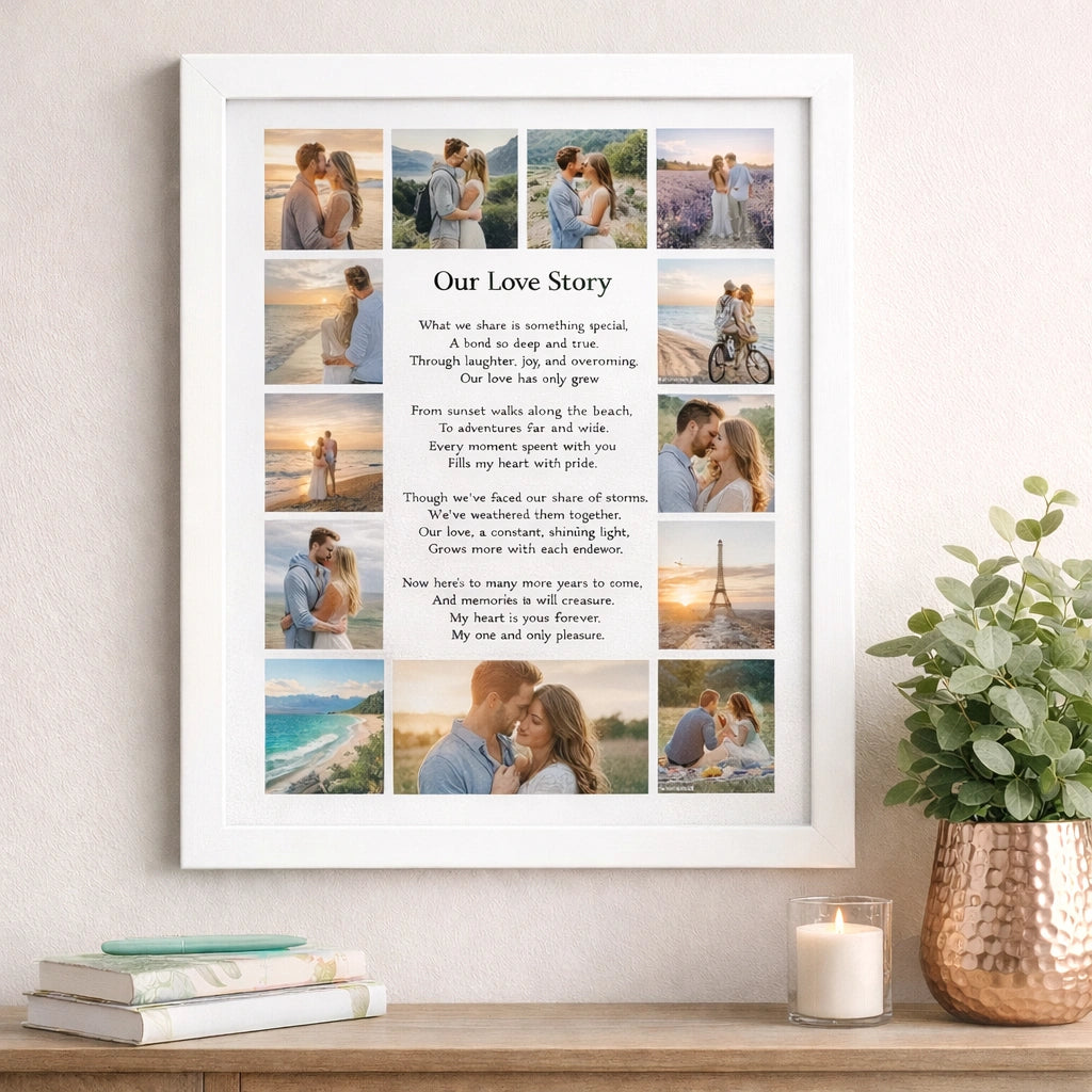 Framed photo collage titled 'Our Love Story' on a wall with decor items below.