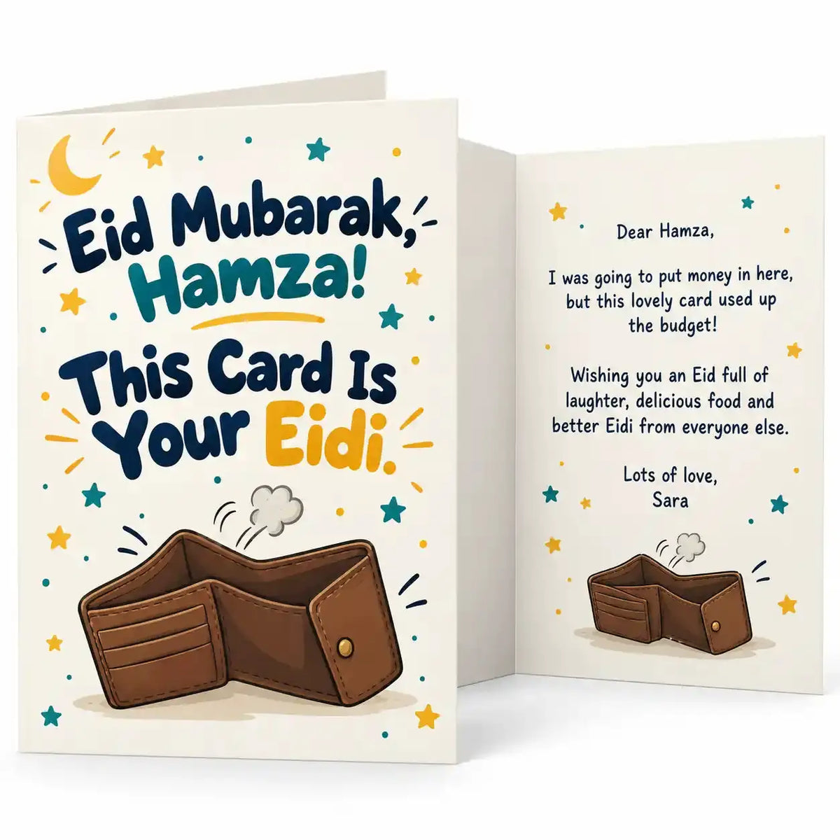 Personalised funny Eid card with Hamza name, This Card Is Your Eidi joke, empty wallet illustration and colourful stars.