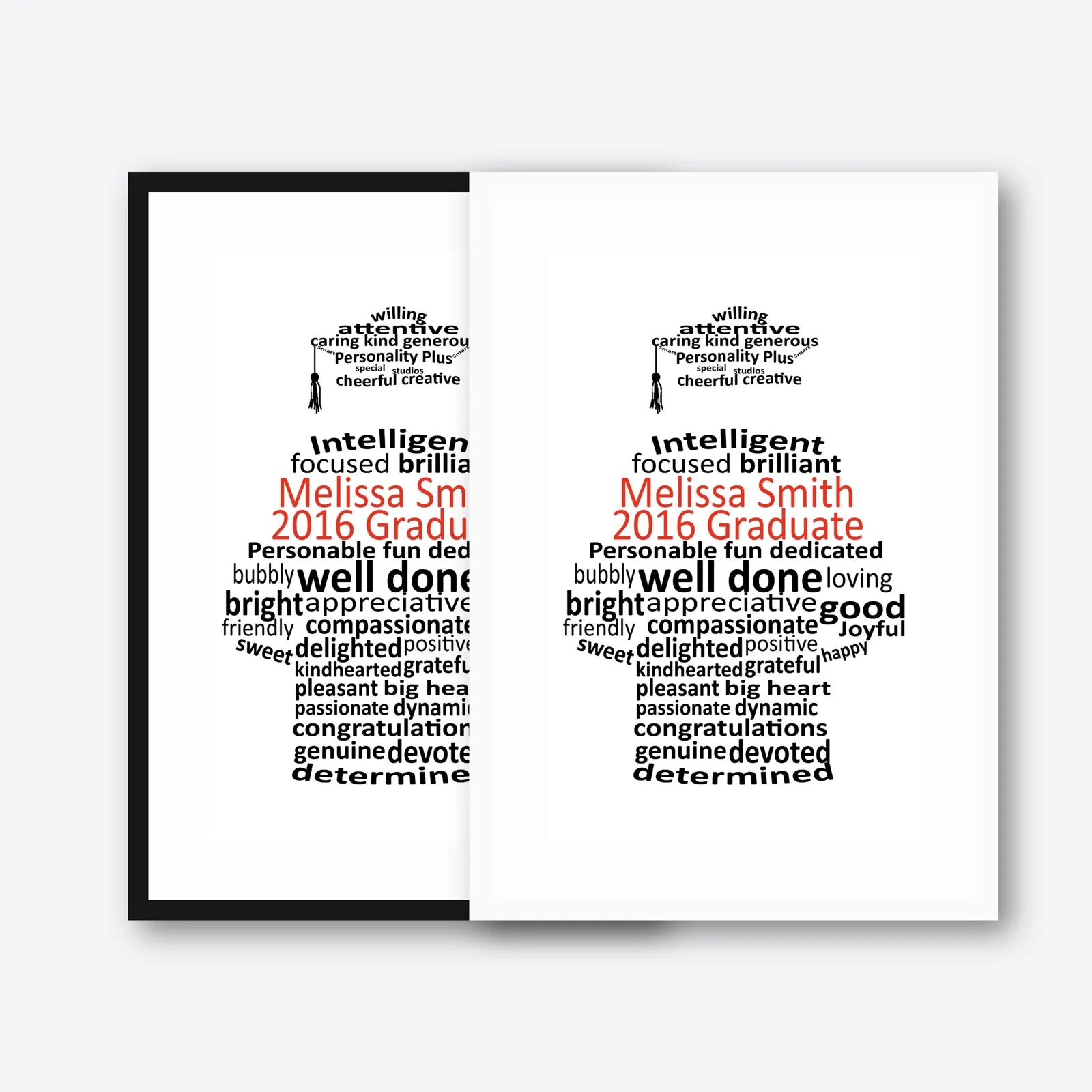 Graduation word art framed print – black & white frames side-by-side