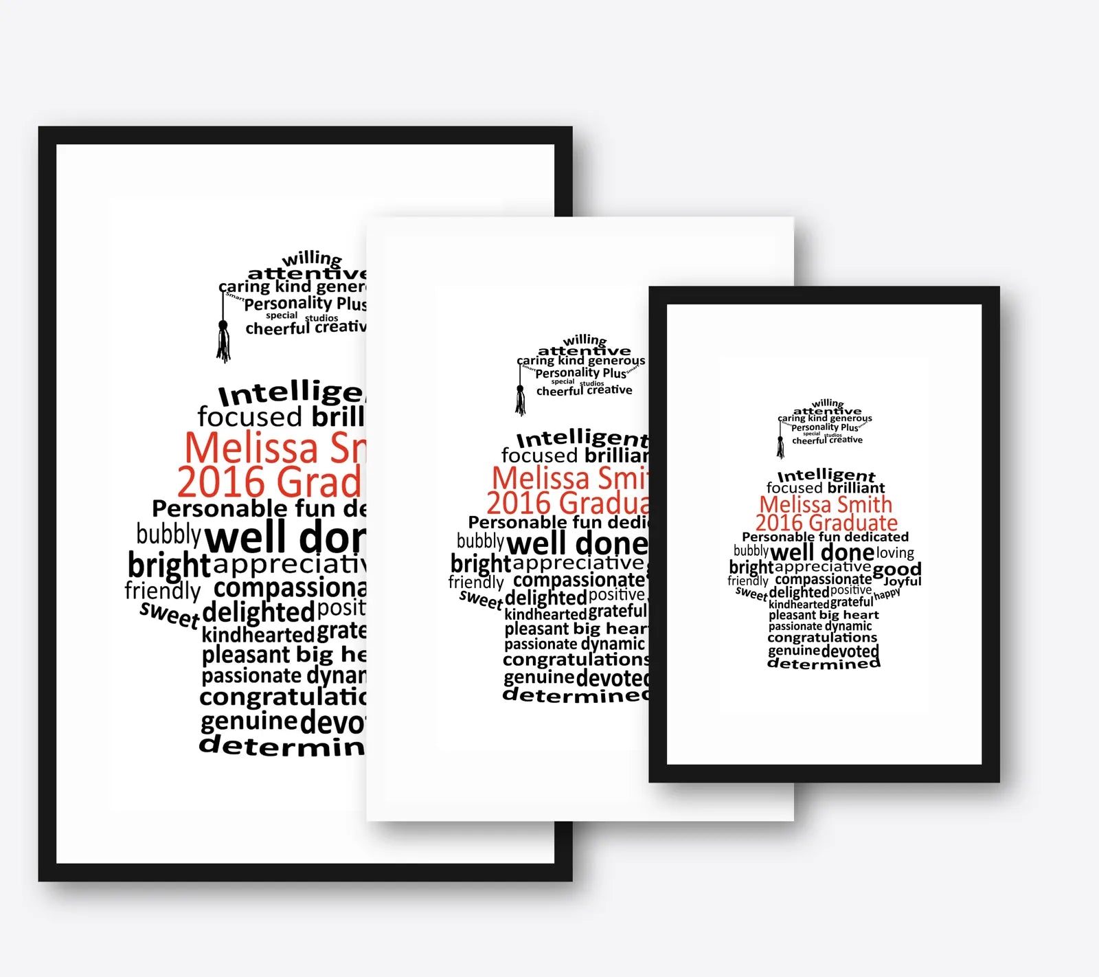 Graduation word art framed print – size lineup A3, A4, A5