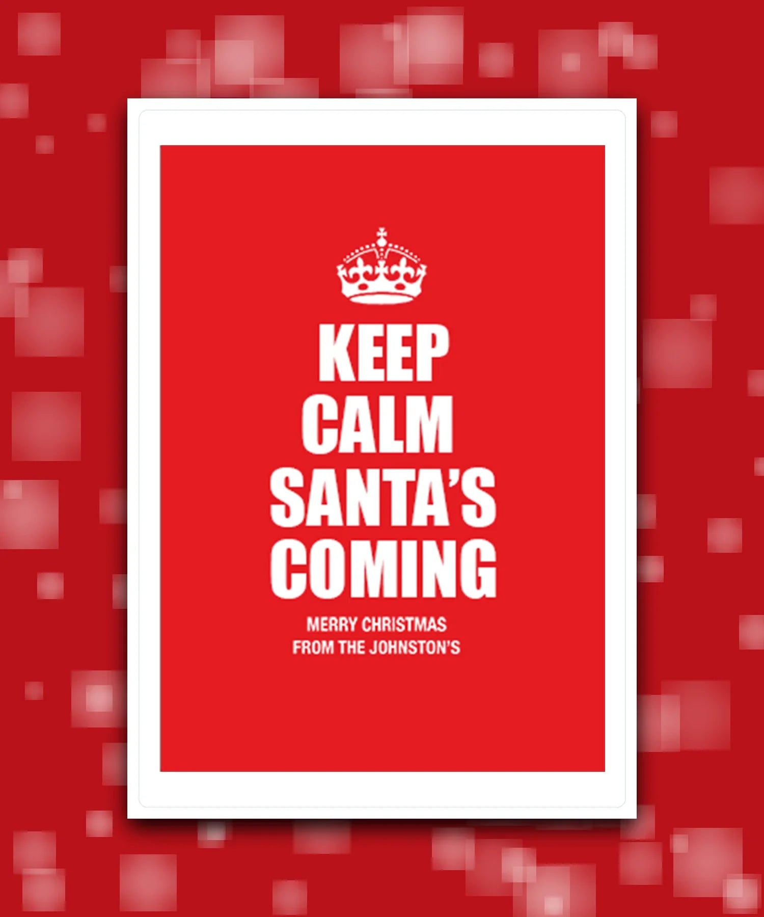Custom printed Christmas card with your photo, add name & greeting; Custom red Christmas card with family name – Keep Calm Santa theme