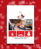Custom printed Christmas card with your photo, add name & greeting; Unique Santa Claus and icons Christmas card – personalised photo holiday keepsake