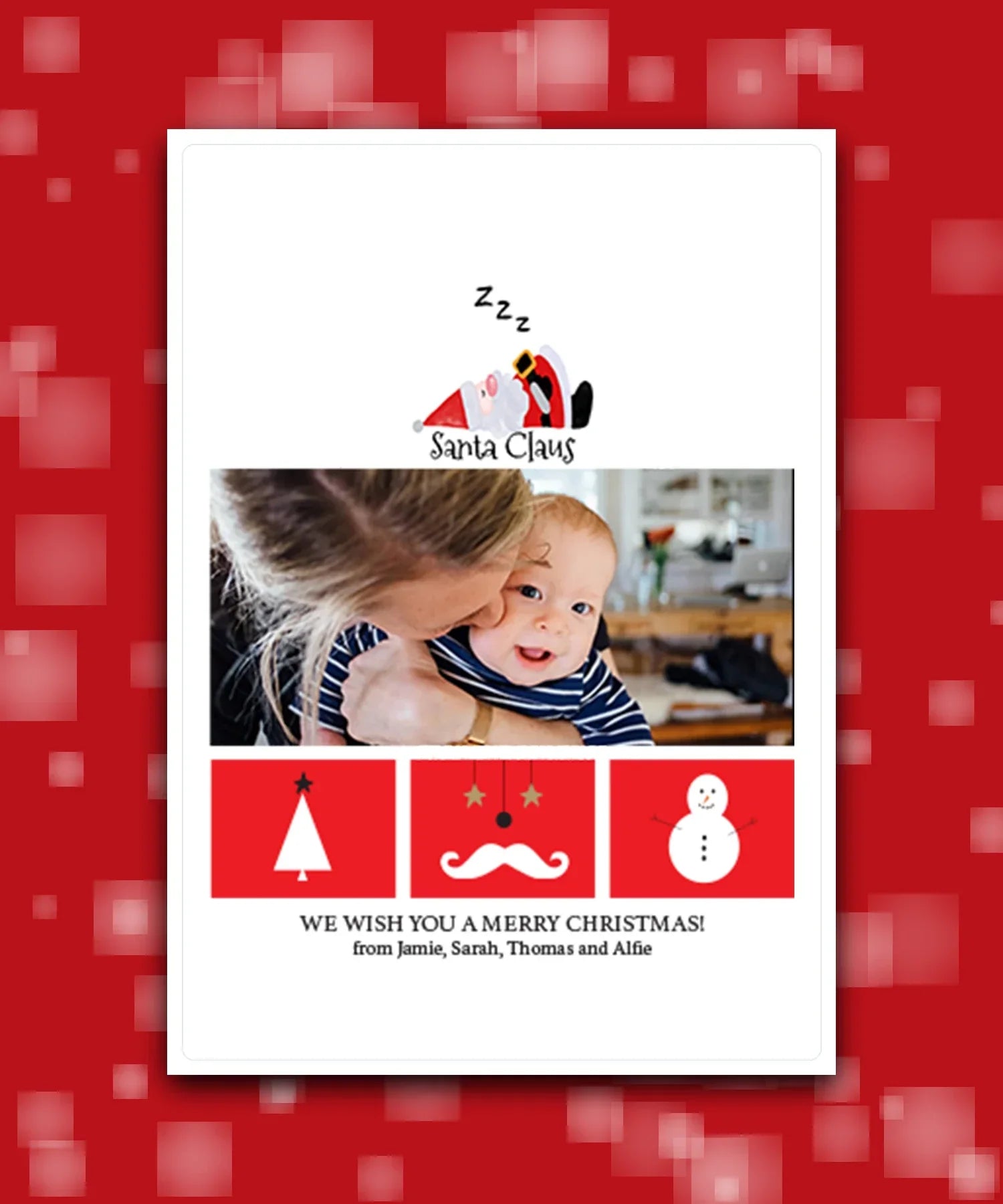 Custom printed Christmas card with your photo, add name & greeting; Unique Santa Claus and icons Christmas card – personalised photo holiday keepsake