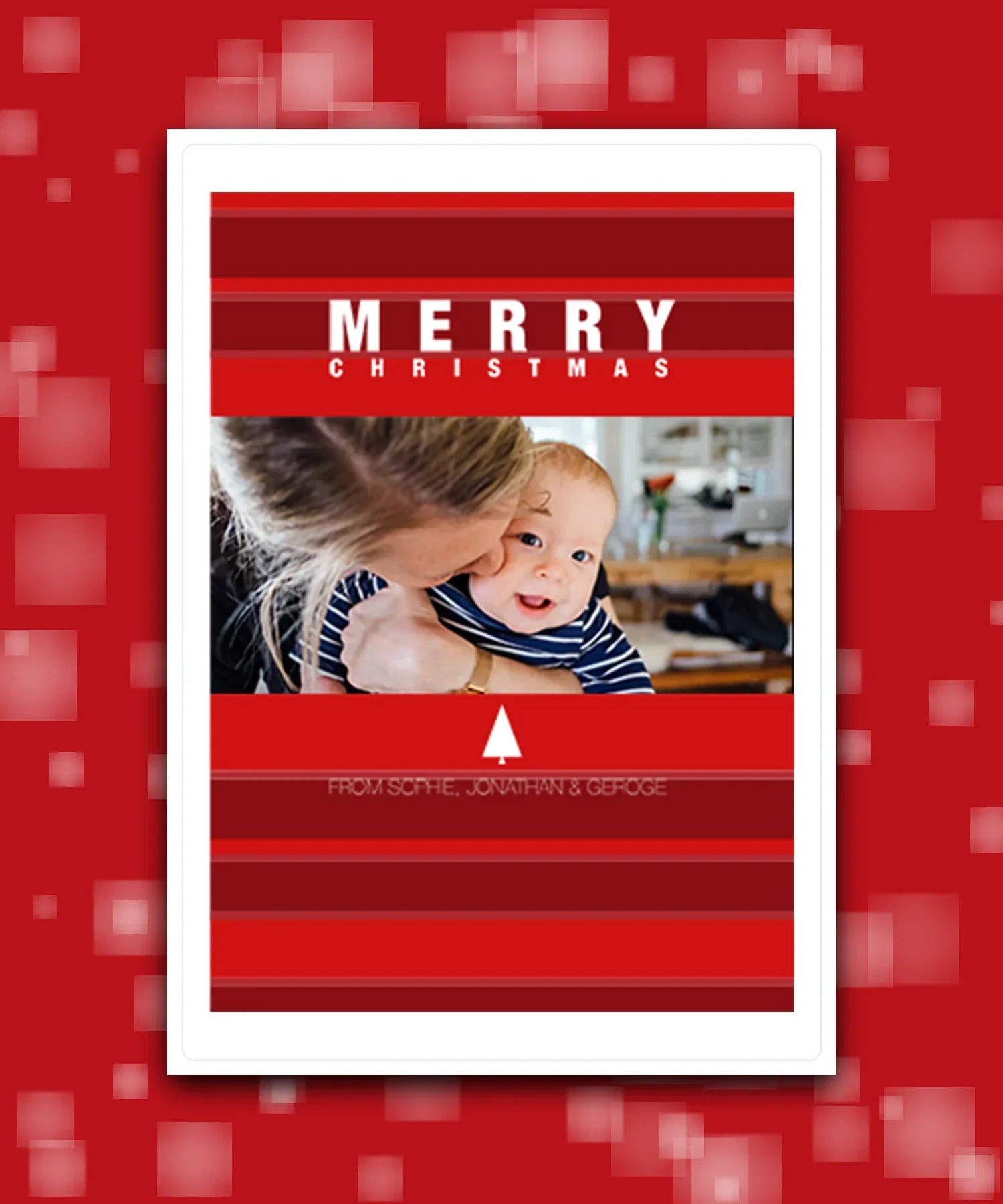 Custom printed Christmas card with your photo, add name & greeting; personalised Xmas card (red); co-friendly personalised Christmas photo card – red festive theme
