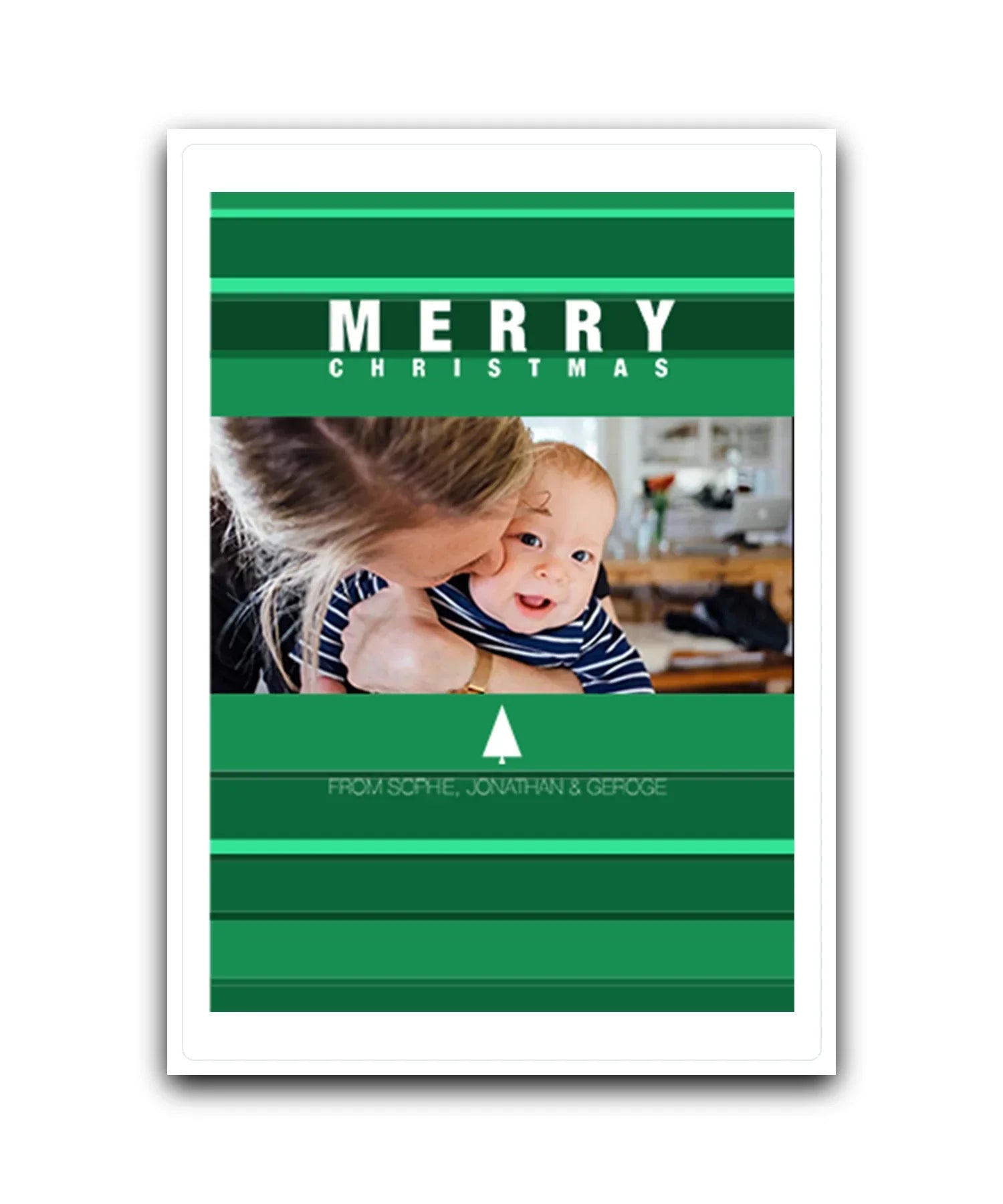 Personalised photo Christmas card with green minimalist tree design – custom greeting—add name & message; custom printed Christmas card