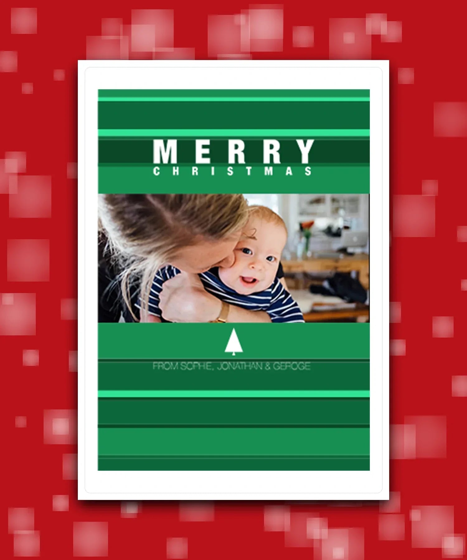 Custom Christmas card with photo upload – green tree festive background—personalised with name & text; printed greeting