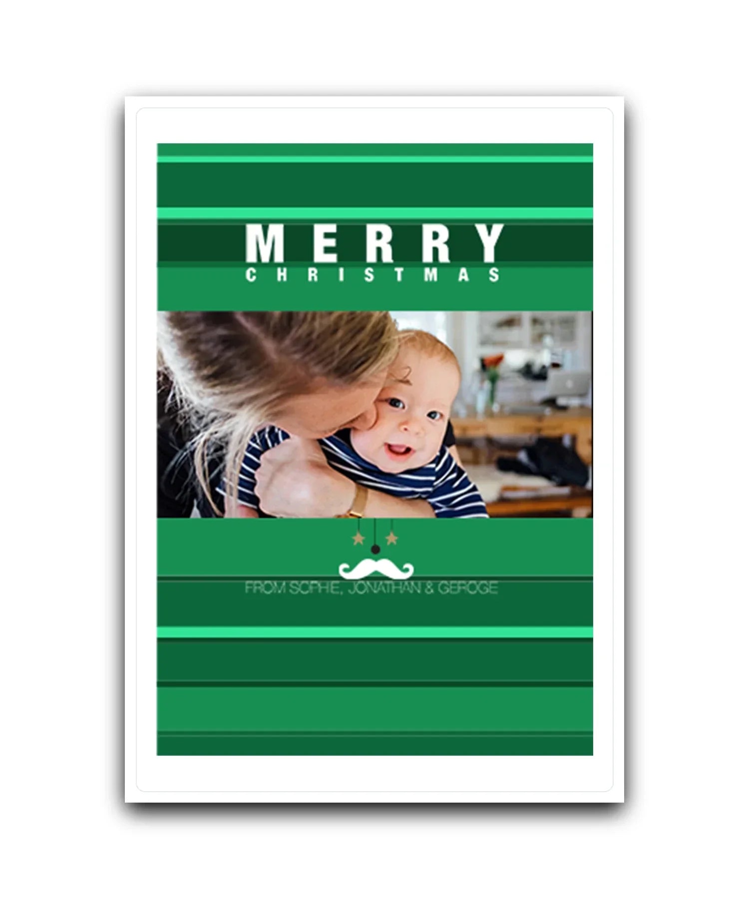 Photo upload personalised Christmas card (green)—add your picture, names & message; Personalised photo Christmas card with green moustache design – custom festive greeting