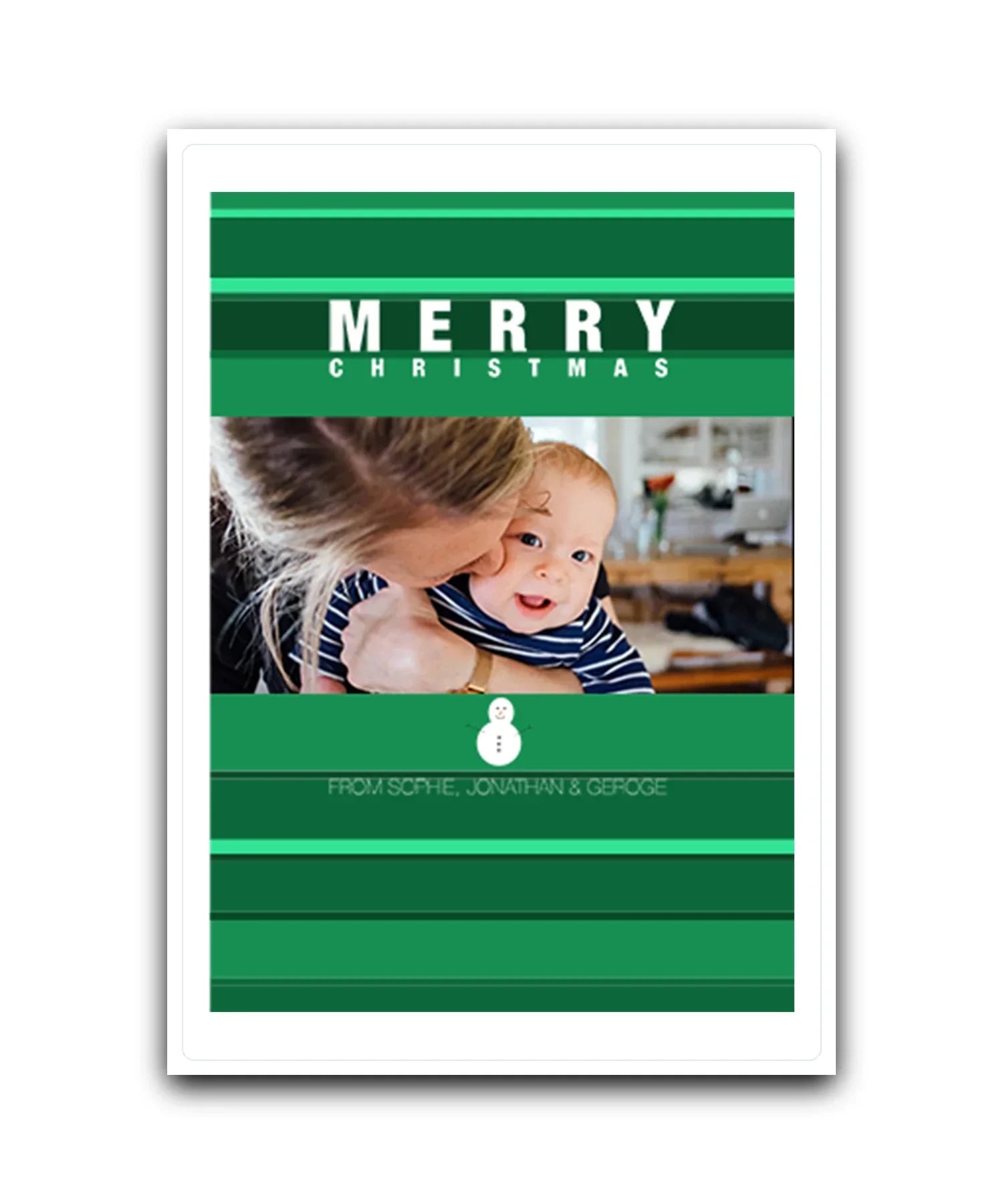 Photo upload personalised Christmas card (green)—Personalised photo Christmas card with green snowman design – custom festive greeting