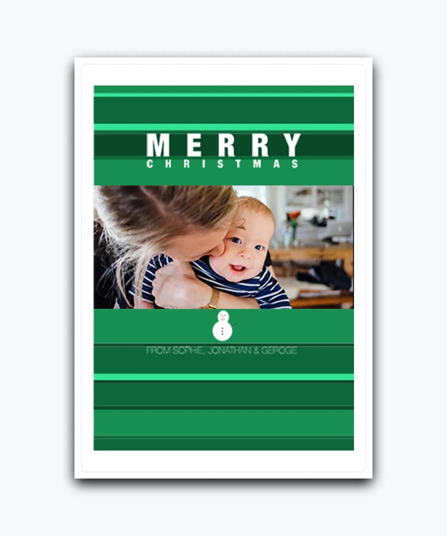 Create your own Christmas card with photo upload and add‑name options; Unique green snowman Christmas card – personalised festive keepsake