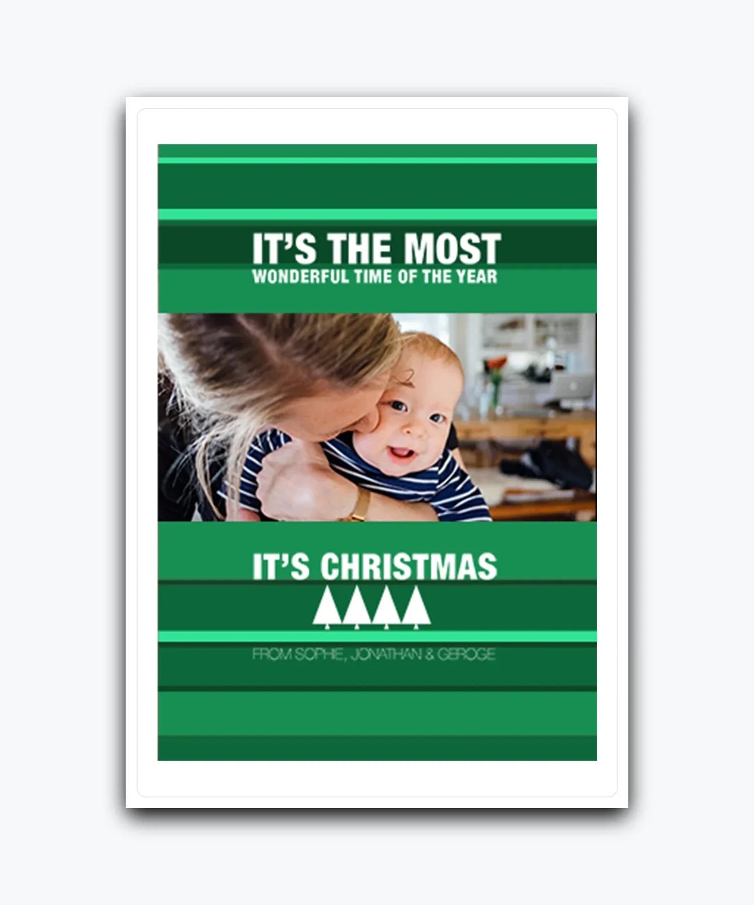 Create your own Christmas card with photo upload and add‑name options; Custom green Christmas card with photo upload – personalised holiday keepsake