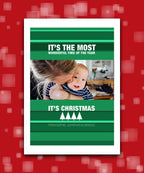 Custom printed Christmas card with your photo, add name & greeting; personalised Xmas card (green); co-friendly personalised Christmas card with photo – festive green design