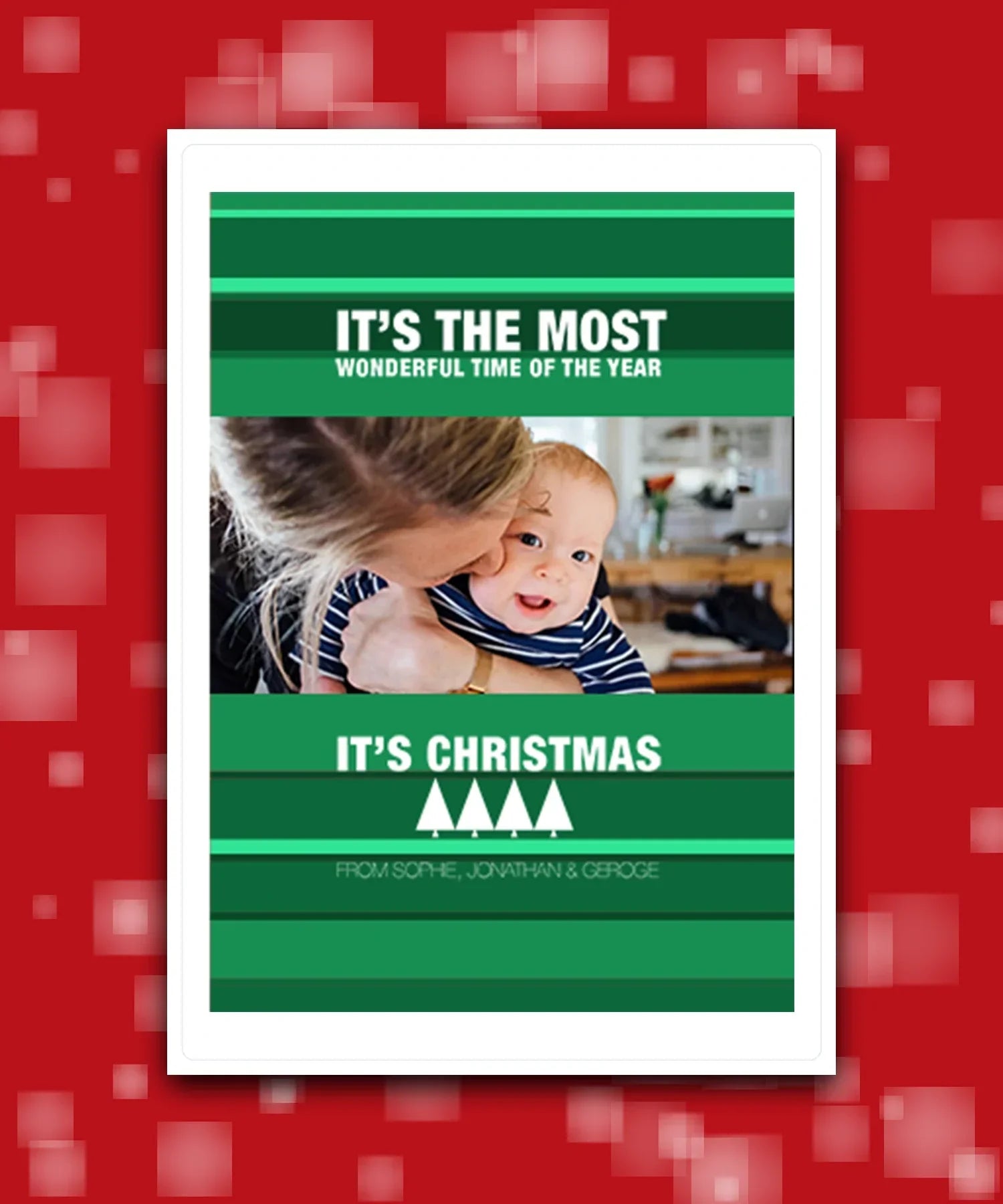 Custom printed Christmas card with your photo, add name & greeting; personalised Xmas card (green); co-friendly personalised Christmas card with photo – festive green design