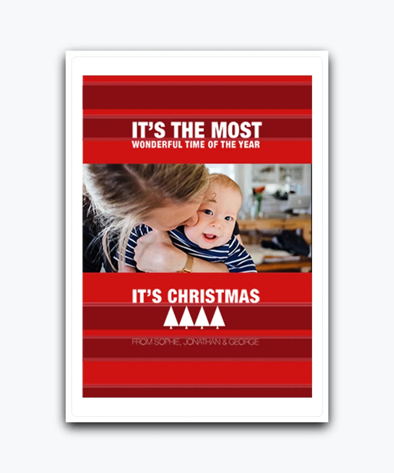 Create your own Christmas card with photo upload and add‑name options; Custom Christmas card with photo upload – red slogan festive design