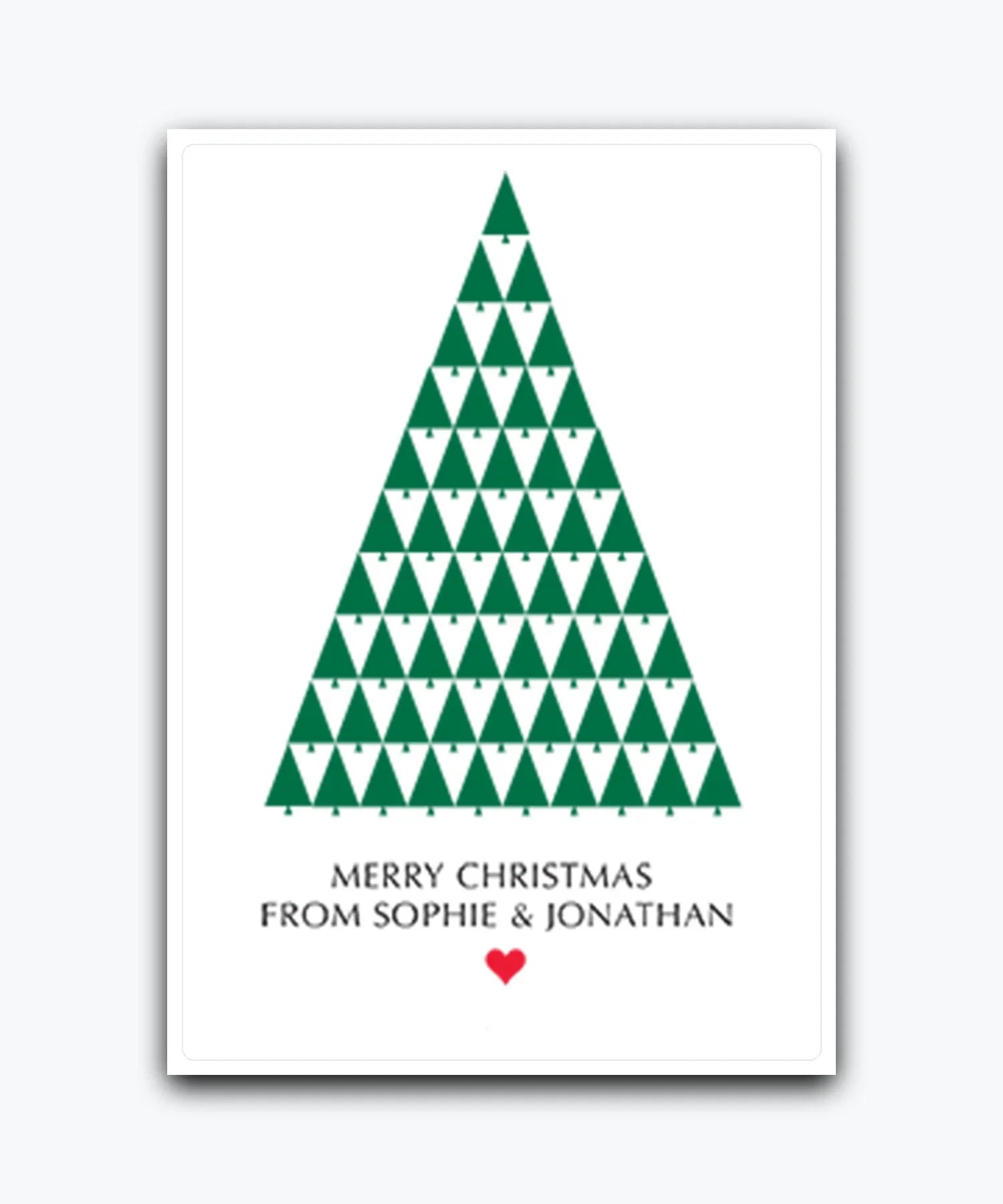 Minimal Christmas card (green)—Portrait Christmas tree card – personalised with name and holiday message