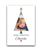Personalised photo Christmas card portrait design – custom tree cut-out—add your picture, names & message; custom printed Xmas card