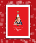 Christmas tree cut-out photo upload card – personalised holiday keepsake with your photo, add name & greeting; personalised Xmas card (red); keepsake greeting