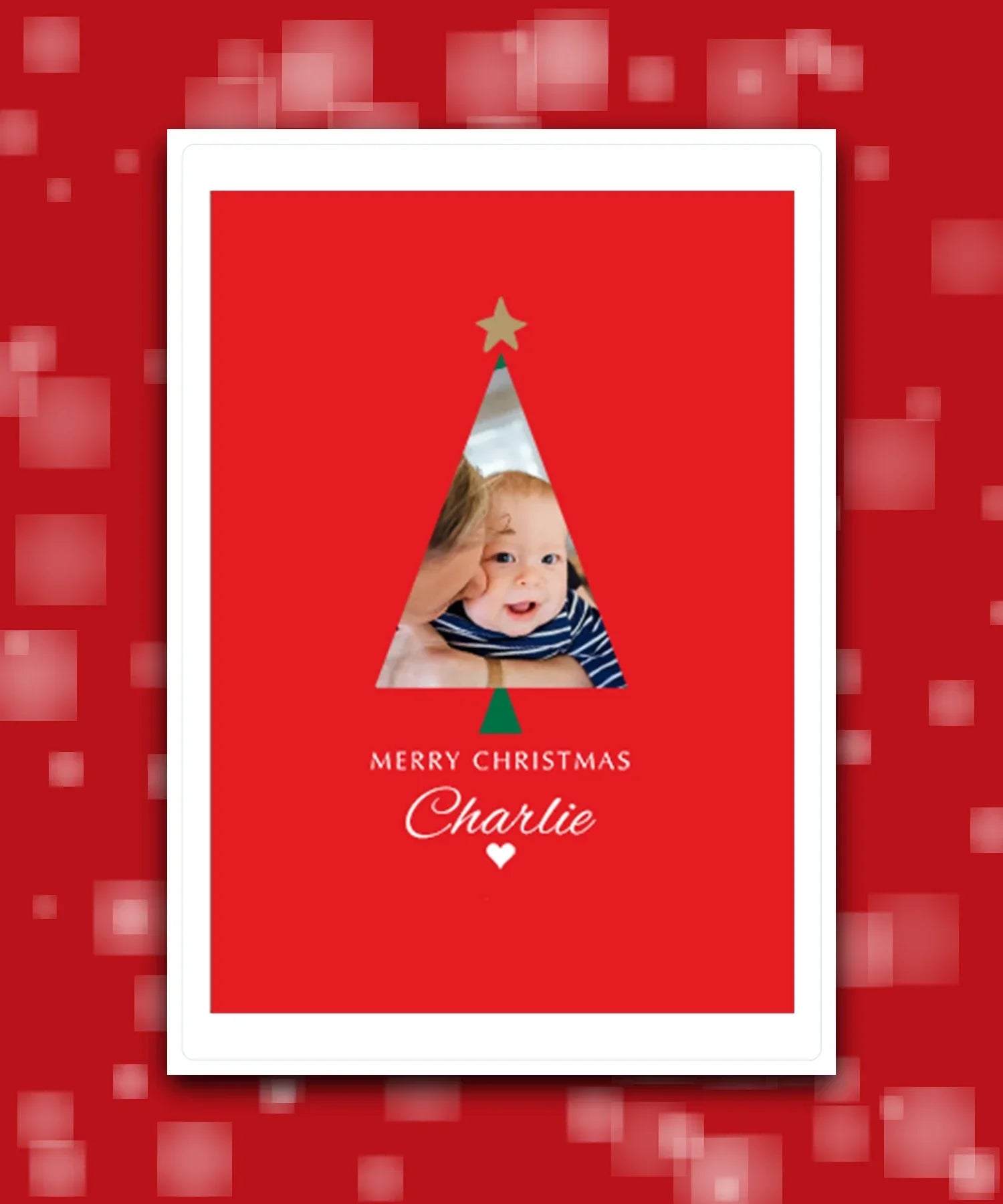 Christmas tree cut-out photo upload card – personalised holiday keepsake with your photo, add name & greeting; personalised Xmas card (red); keepsake greeting
