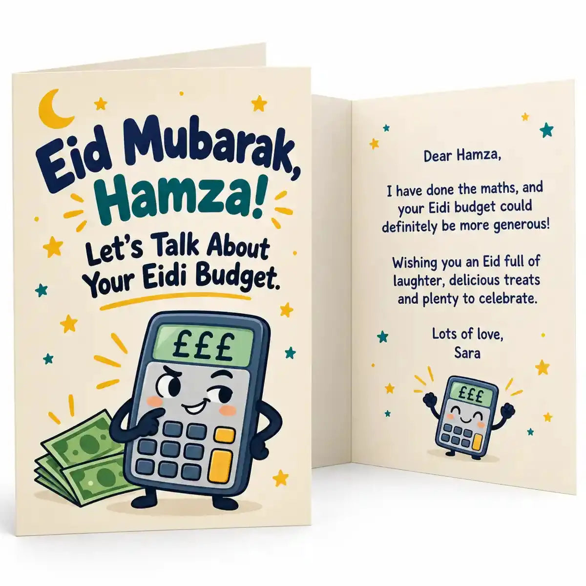 Personalised funny Eid card with Hamza name, Let's Talk About Your Eidi Budget slogan, smiling calculator and money illustrations.