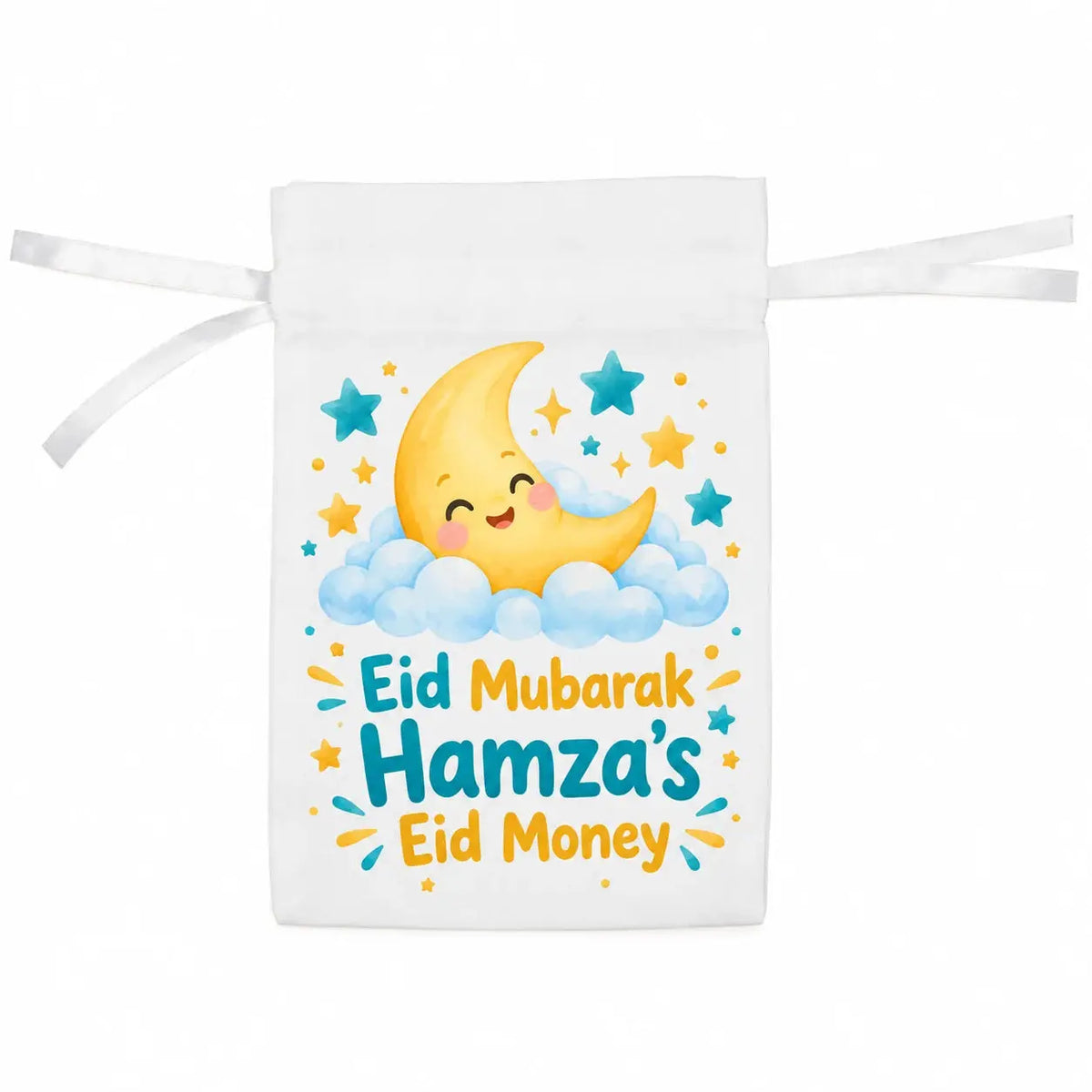 Personalised Eid money bag with Hamza's name, smiling crescent moon, colourful stars and Eid Mubarak design on white canvas drawstring pouch.