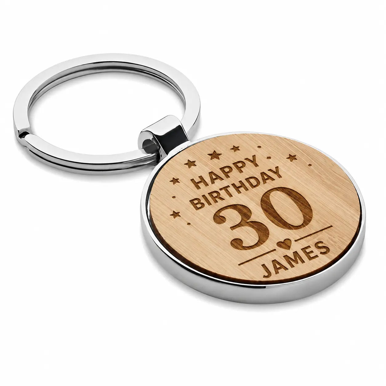 Personalised 30th birthday keyring with name and bamboo-effect design