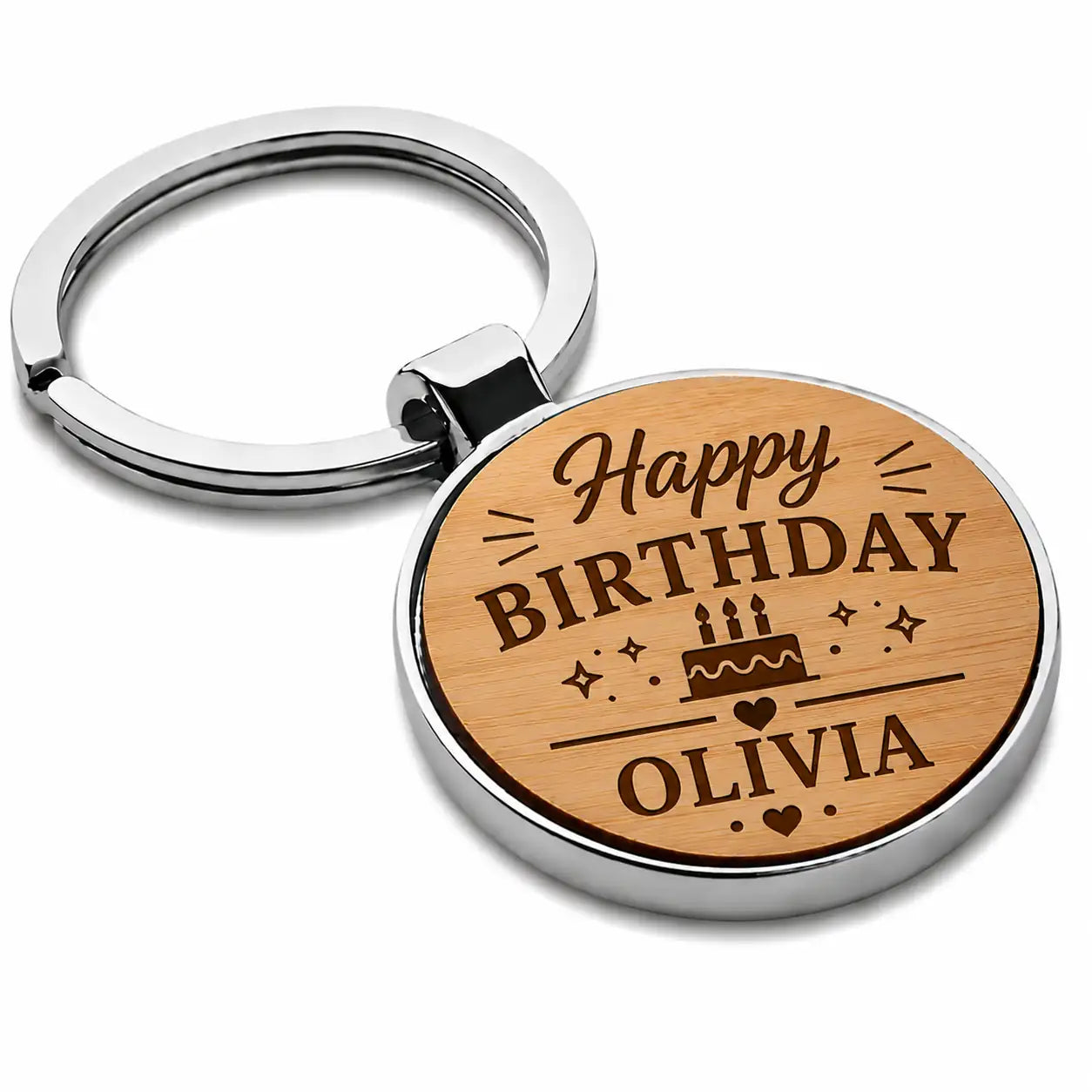 Personalised happy birthday keyring with name and cake design