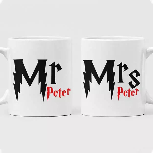 Personalised Mr & Mrs couple mug set with custom names and romantic message