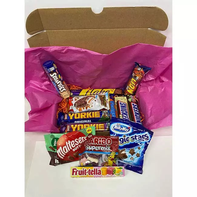 Letterbox chocolate hamper with assorted sweets and personalised greeting card