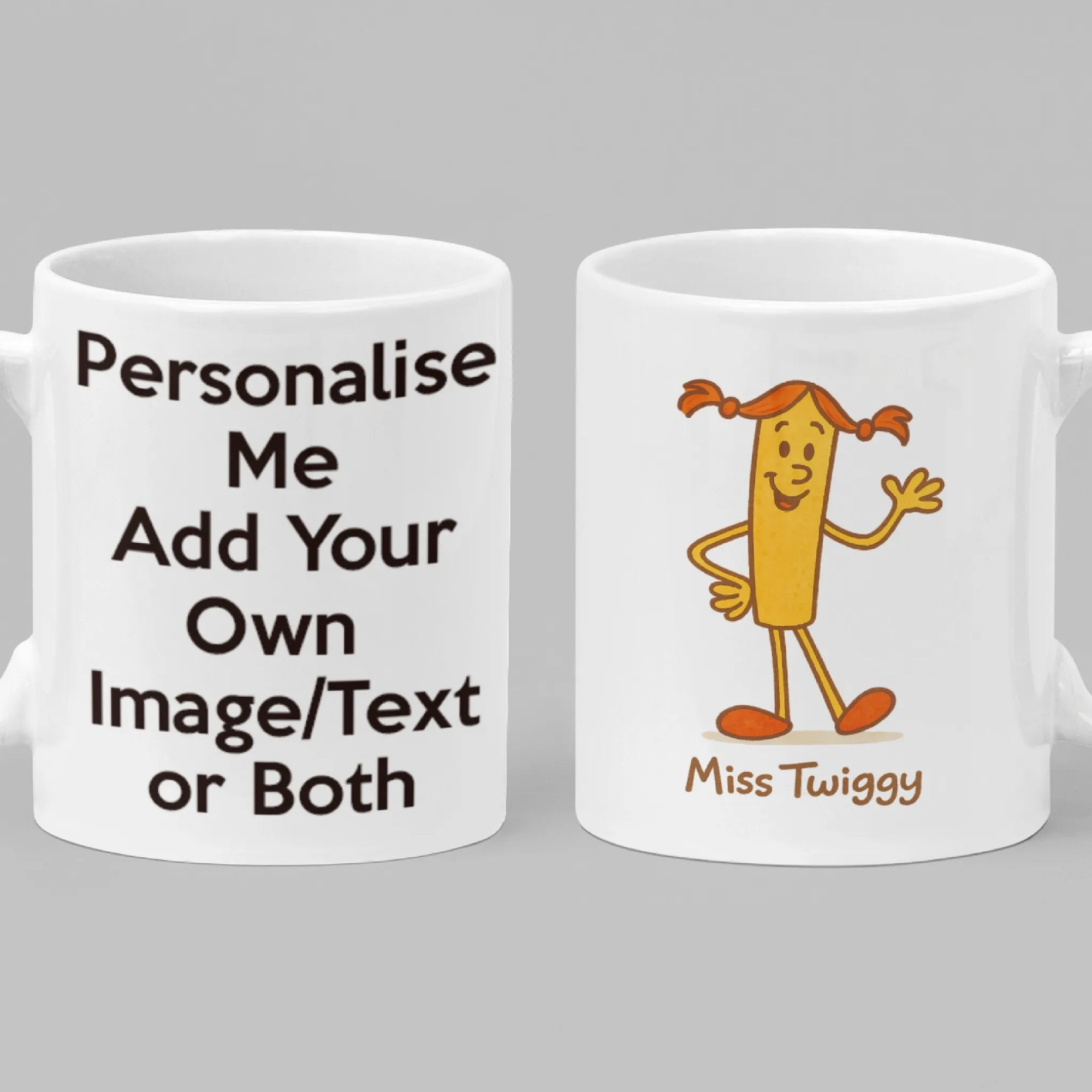 Two mugs, one with text and the other with a cartoon character, on a gray background.