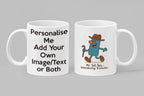 Personalised ceramic mug featuring a cheerful cartoon character named Mr. Tall Tale — a wandering trickster with a teal blue rectangular body, orange nose, floppy brown hat and walking cane. Customisable gift mug showing character on one side and ‘Personalise Me – Add Your Own Image/Text’ message on the other. Perfect novelty present for kids, collectors and fans of cute storybook characters