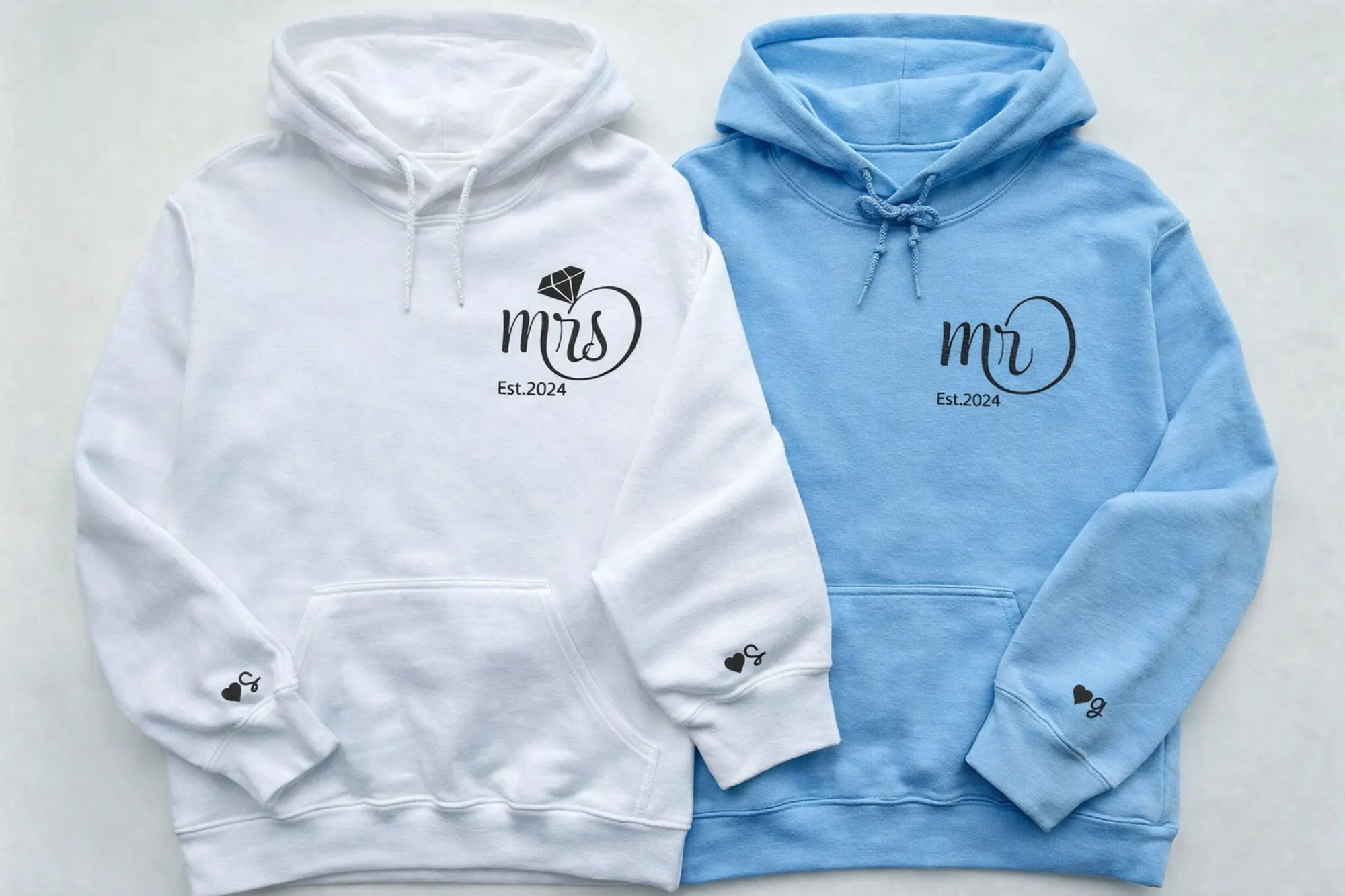 Personalised embroidered couple hoodies featuring MR and MRS design with custom established year and sleeve initial
