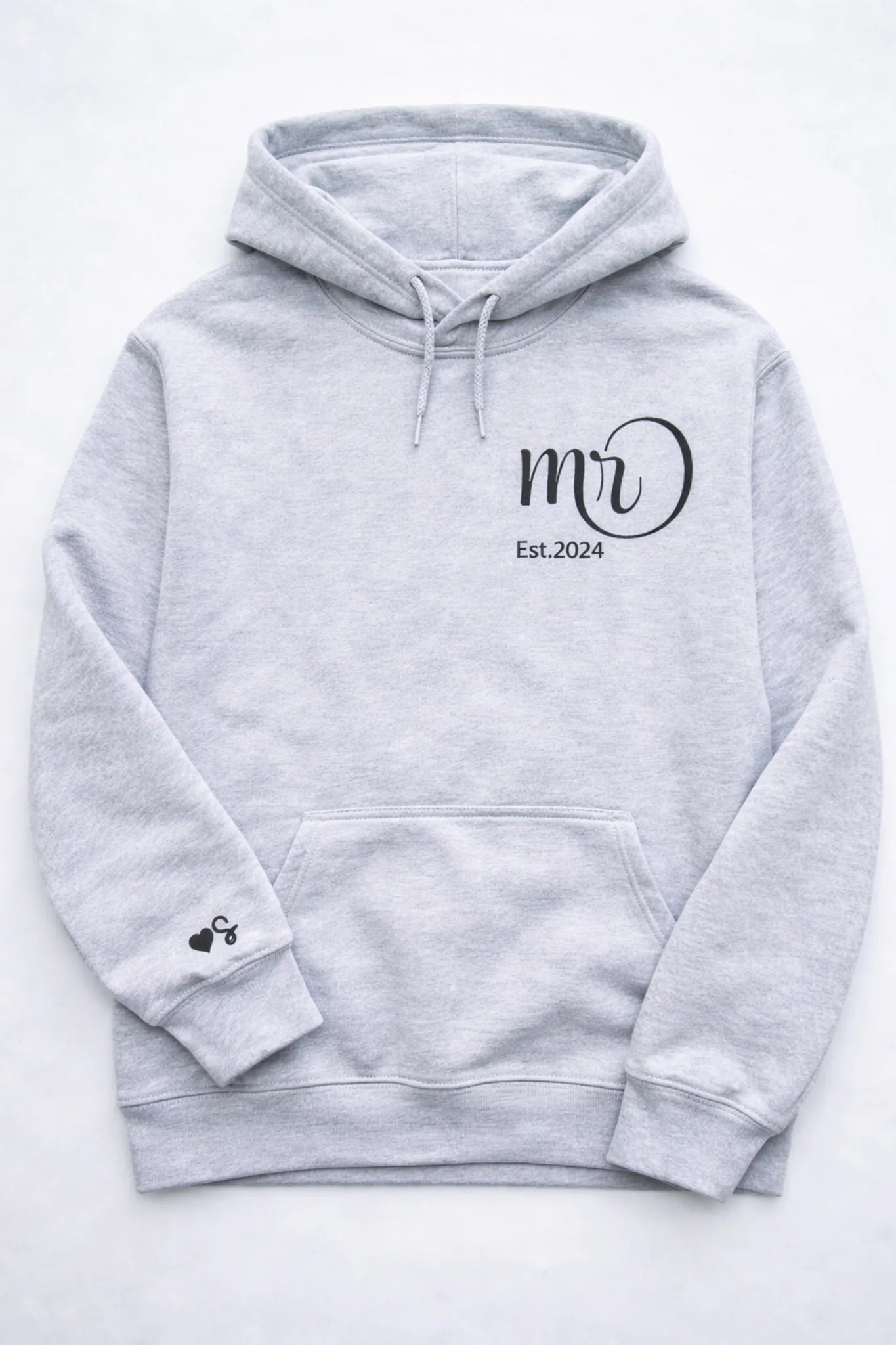 Matching personalised couple hoodies with MR and MRS embroidery, wedding year detail and romantic sleeve accent