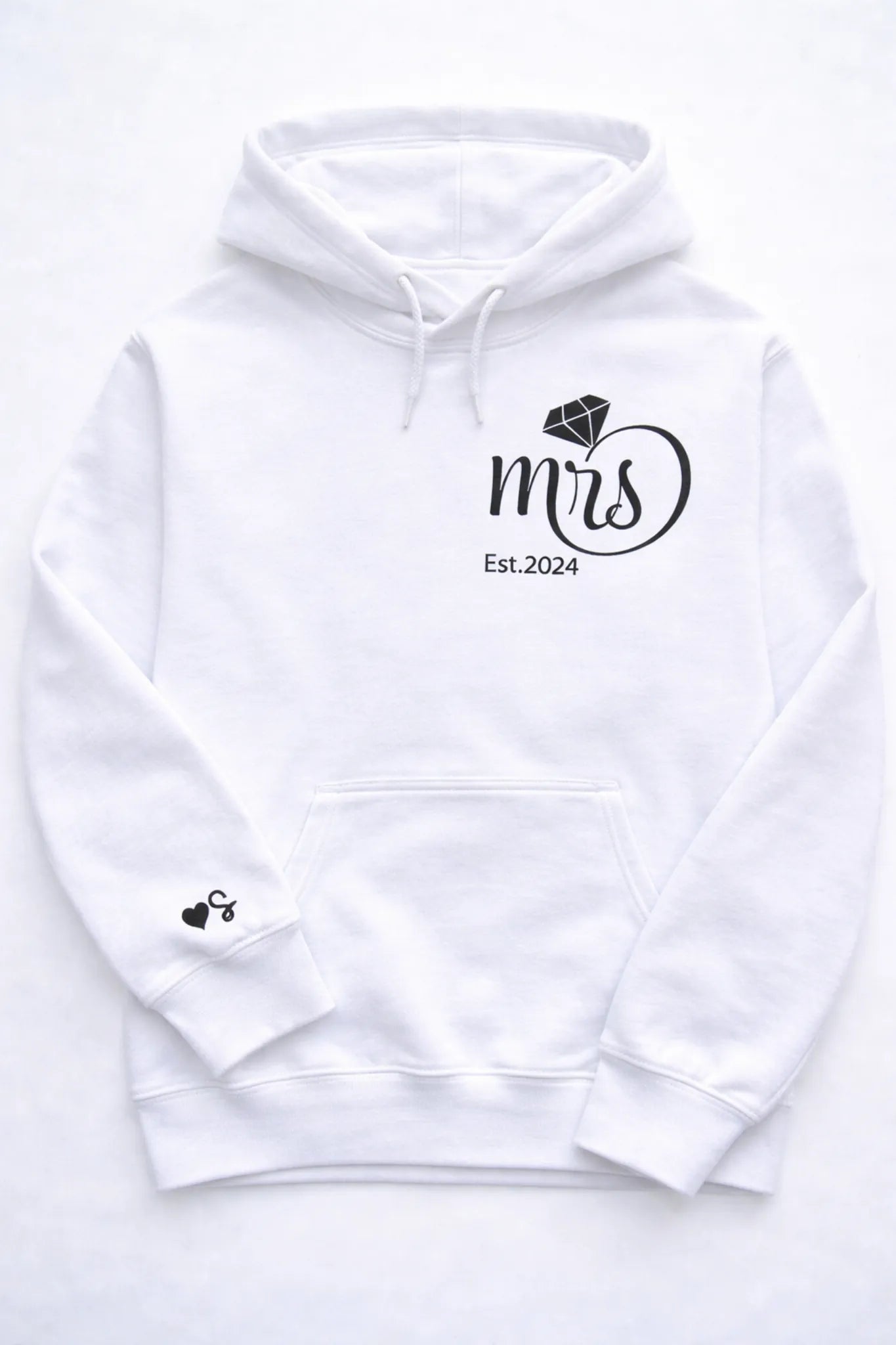 Embroidered couple hoodies personalised with MR and MRS lettering, established date and romantic matching design