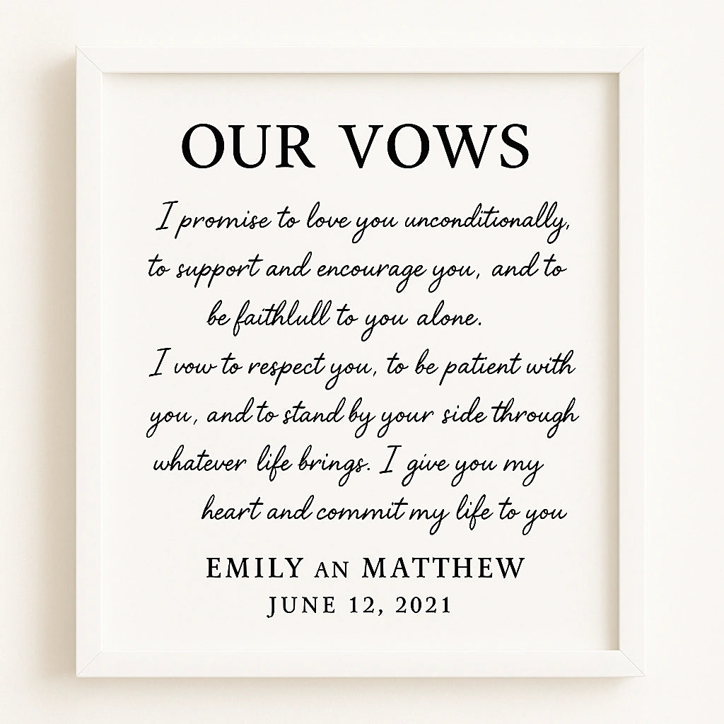 Personalised wedding vows photo frame gift with meaningful handwritten style vow text