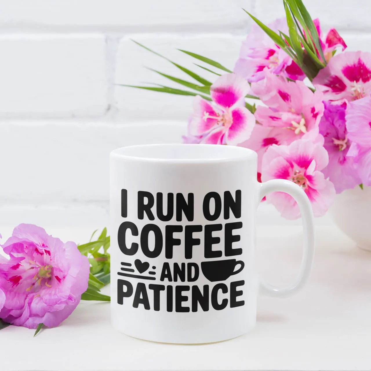 Funny personalised “I Run On Coffee & Patience” mug with custom photo and message printed on reverse side