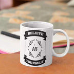 Personalised Believe in Yourself quote mug with pink interior.