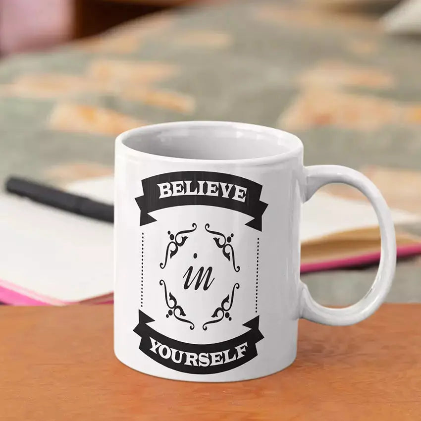 Personalised Believe in Yourself quote mug with pink interior.